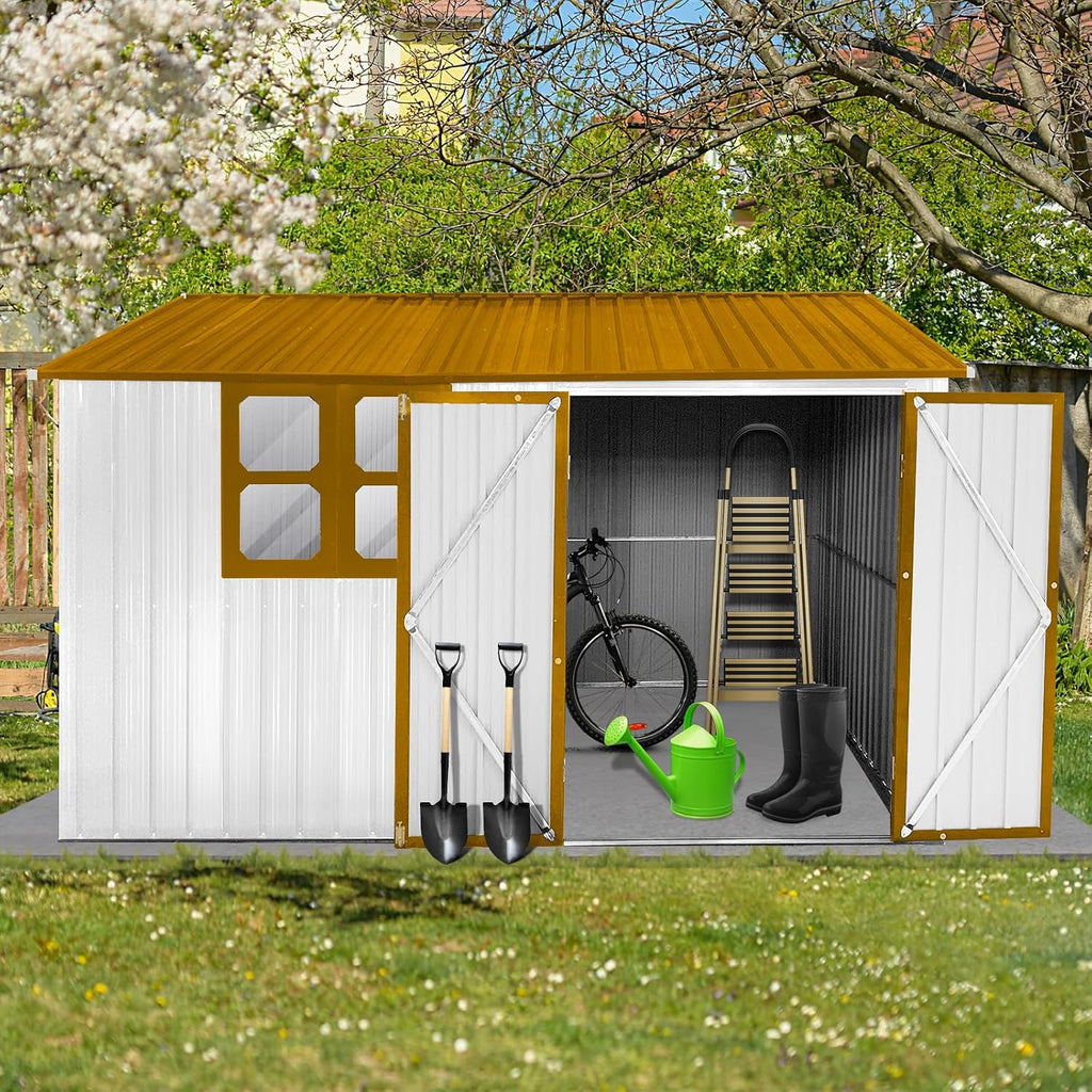 10x8 ft Outdoor Metal Storage Shed with Window, Aluminum Frame and Galvanized Steel Plate Tool Shed with Lockable Door, Air Vent, Waterproof Garden Storage House for Backyard (Yellow/White)