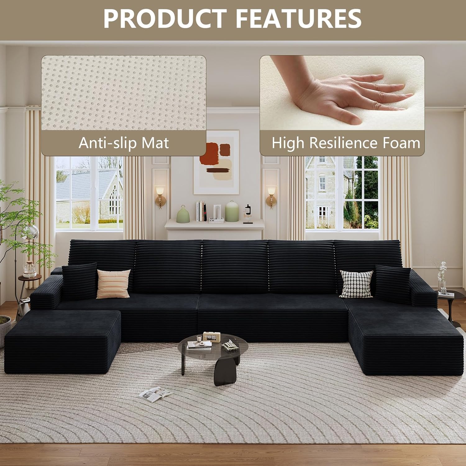 166.9' Cloud Sectional Couch with U-Shaped Chaise, Corduroy Sectional Sofa with Ottoman, Boneless Couch with Deep Seat in a Box for Living Room, No Assembly Required (Black, Right Facing Chaise)