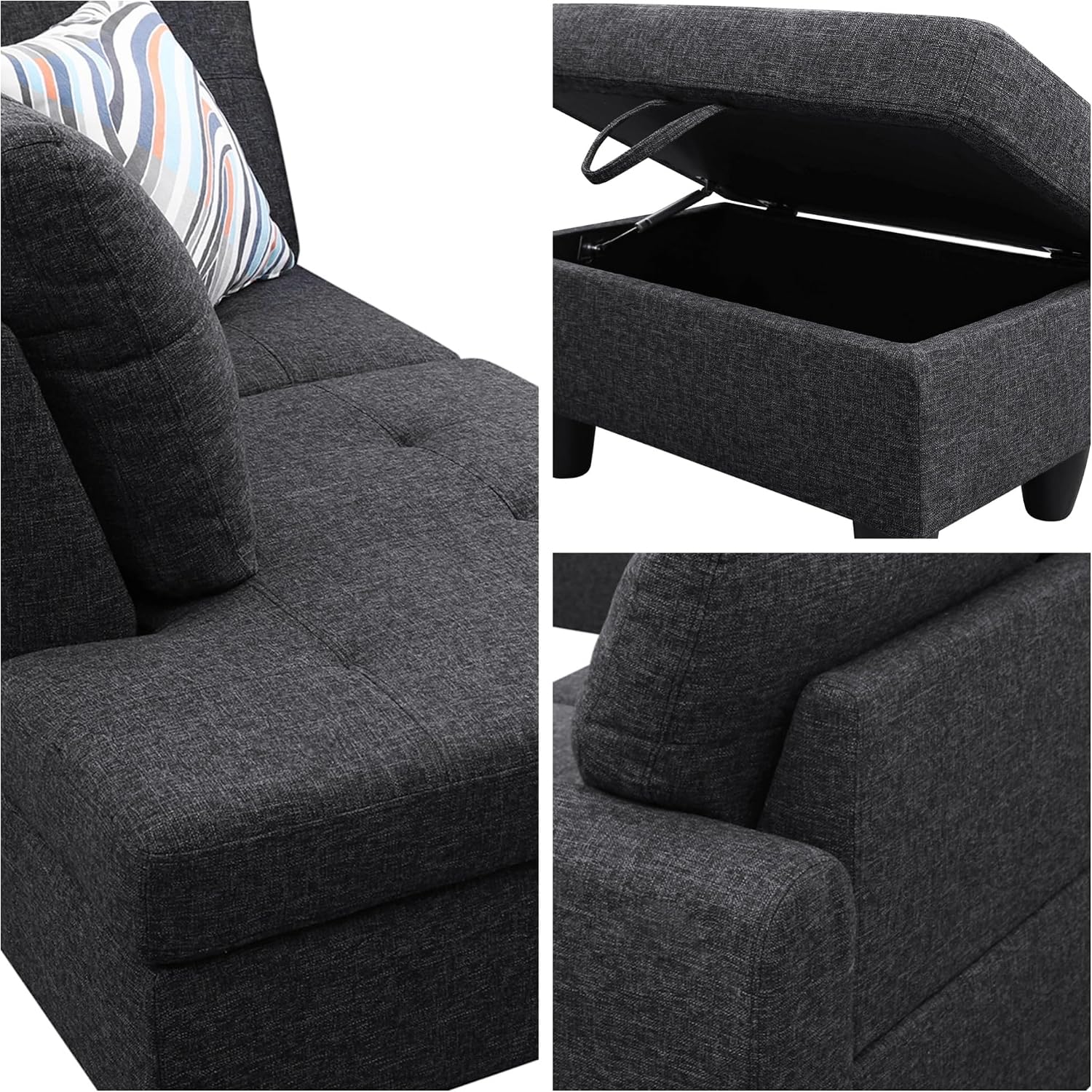 L-Shaped Sectional Sofa with Movable Chaise & Storage Ottoman, Lounge 3-Piece Modular Convertible Couches for Living Room, Apartment & Office, Blackish Gray
