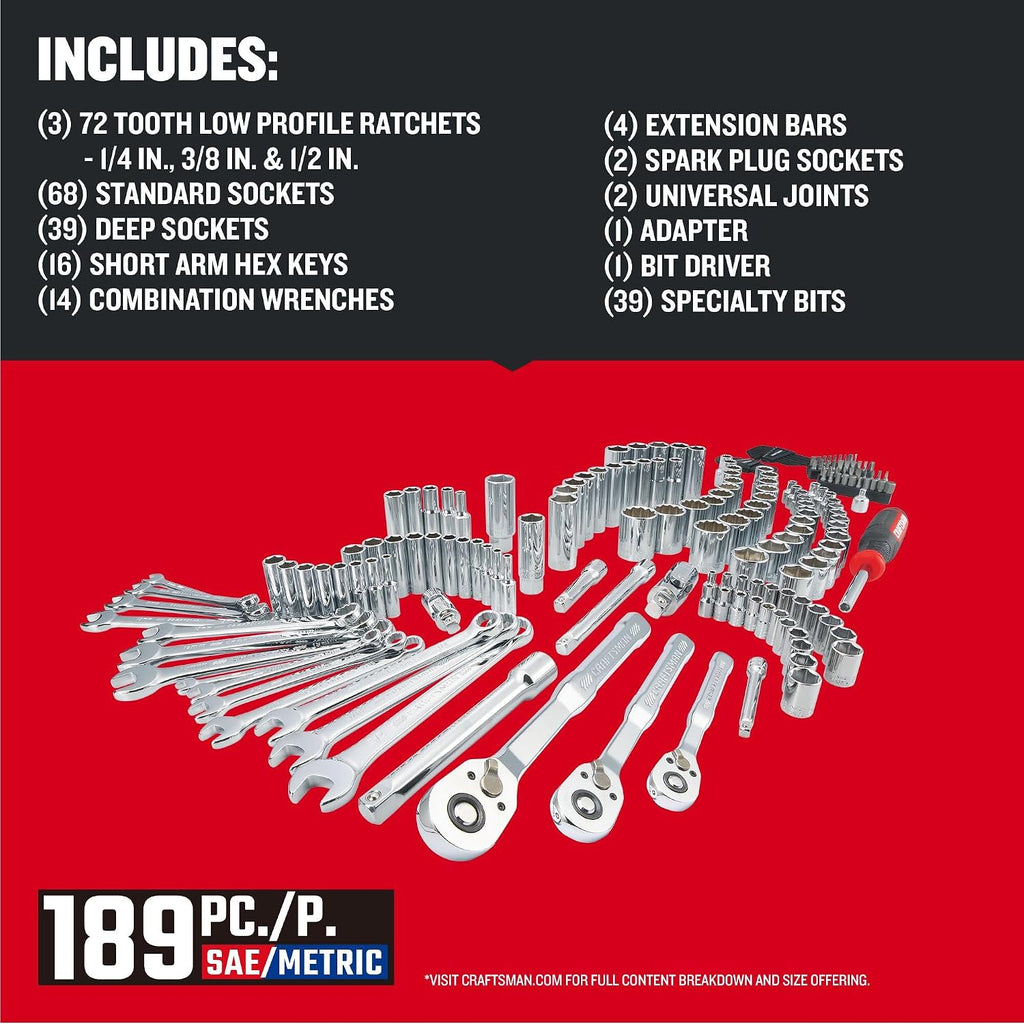 CRAFTSMAN Mechanic Tool Set 189 Pcs, 1/4, 3/8, 1/2 Socket Set with 72 Tooth Low Profile Ratchet, Steel 6 and 12 point Sockets, Wrenches, Hex Keys, Deep Sockets, Bits, Metric and SAE (CMMT12134)