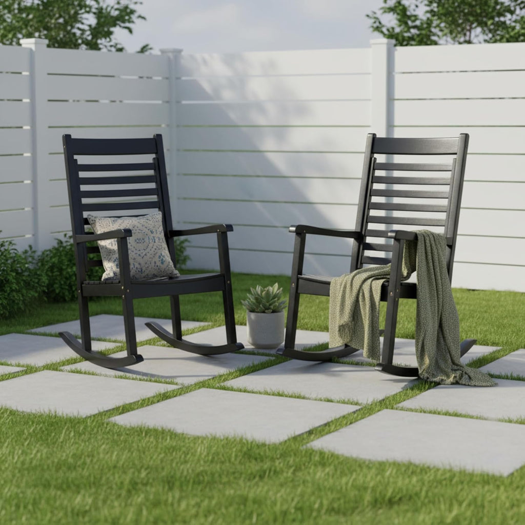 Shine Company Modern Wood Rocking Chairs, Ergonomic Wide Seat Porch Rockers, 2-Pack, Black