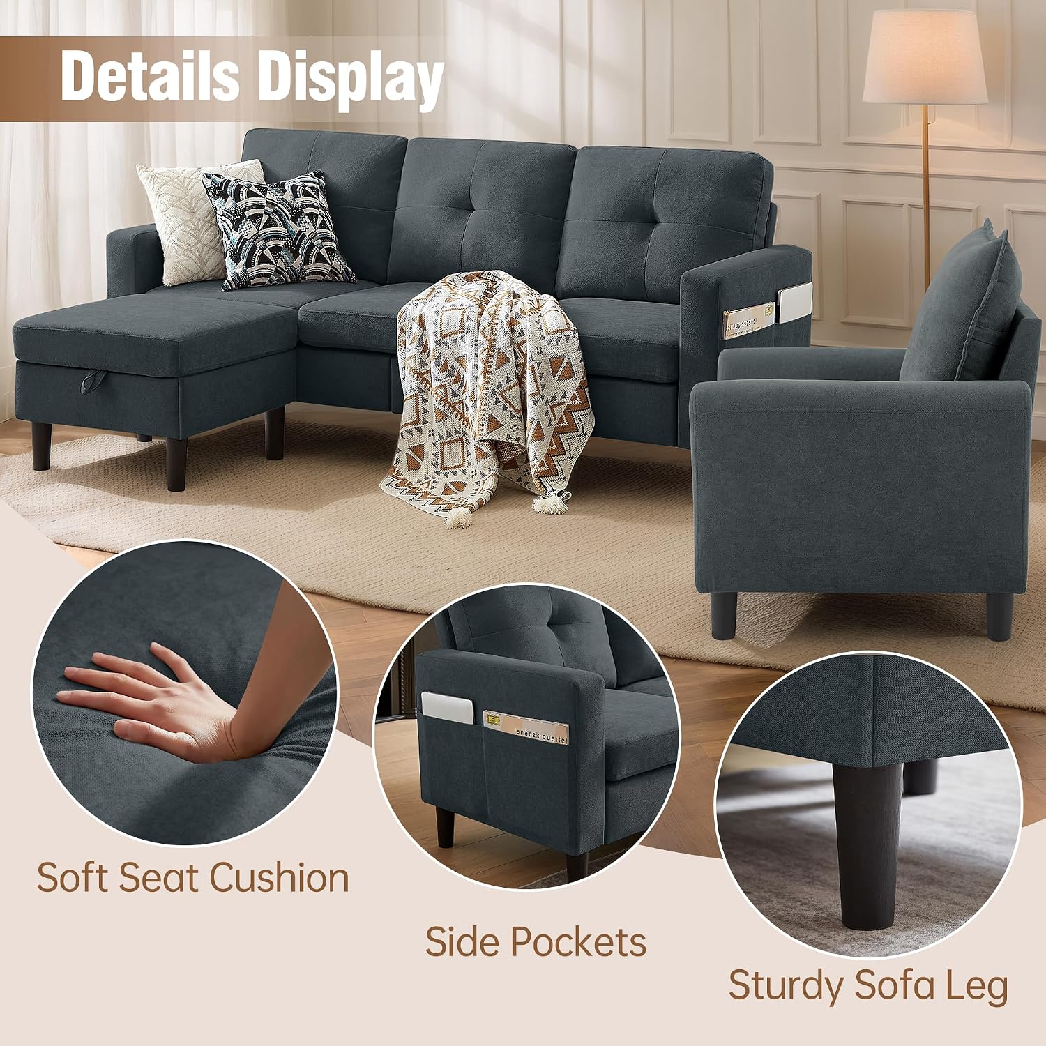 3 Piece Living Room Sofa Sets, Modern 3 Seater Sofa with Storage Ottoman and 2 PSC Armchair Couch Sets, Easy Assembly, Modern 5 Seat Sectional Couches for Living Room, Office,Dark Grey