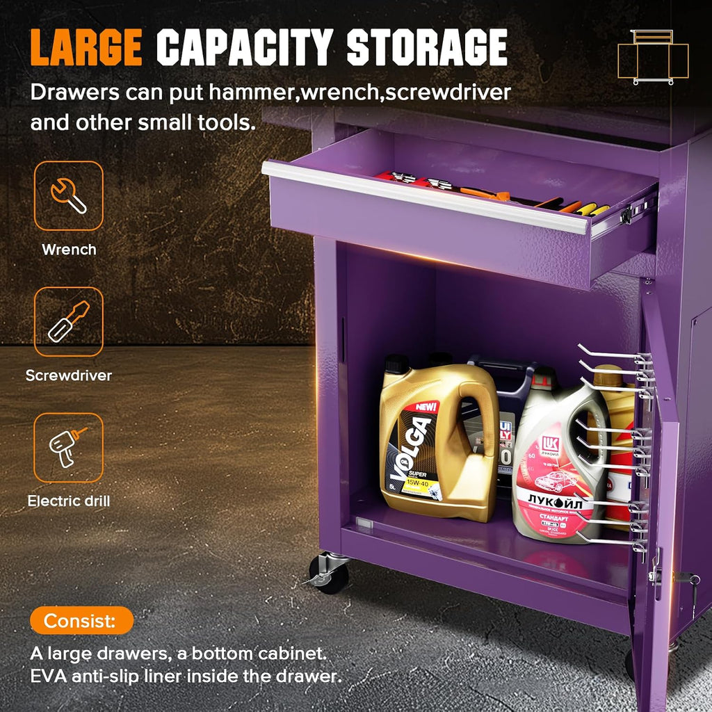 Oakcloud Heavy-Duty 5-Drawer Rolling Tool Chest & Cabinet Combo with Black Liner – Lockable Steel Garage Tool Box on Wheels – Detachable Top Toolbox & Bottom Storage Cart with Side Hooks, Purple