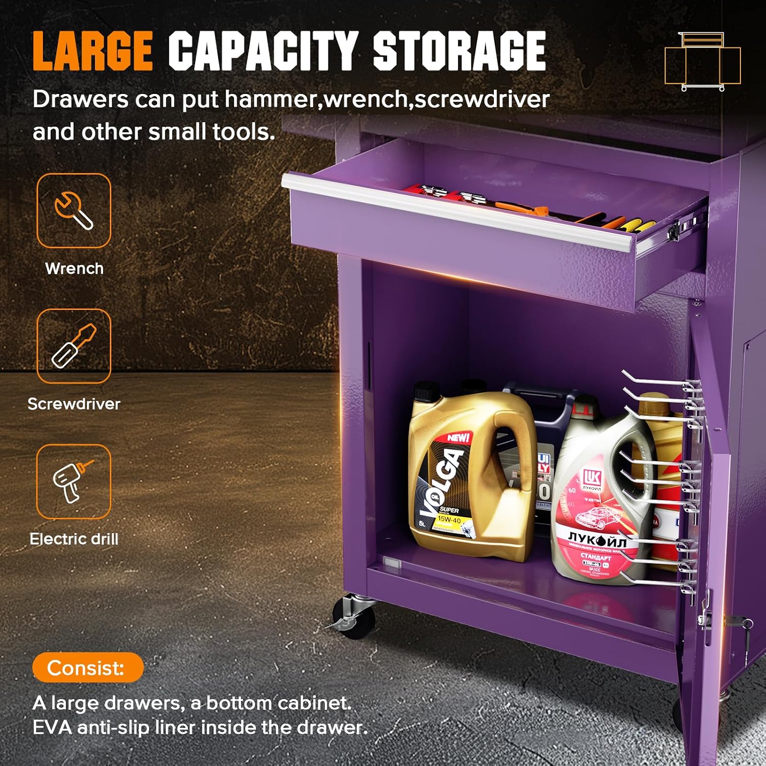 Oakcloud Heavy-Duty 5-Drawer Rolling Tool Chest & Cabinet Combo with Black Liner – Lockable Steel Garage Tool Box on Wheels – Detachable Top Toolbox & Bottom Storage Cart with Side Hooks, Purple