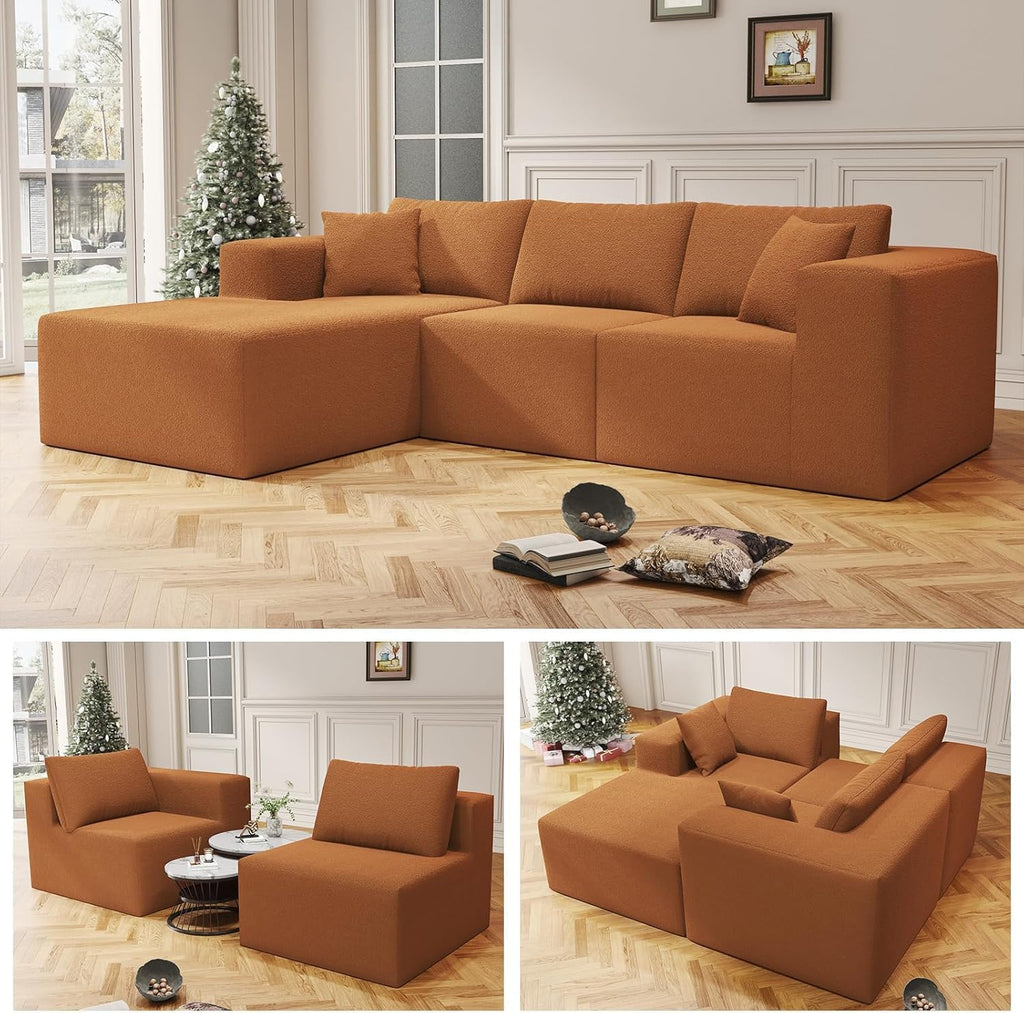 108' Orange Boneless Cloud Couches for Living Room L Shapes Sectional Sofa with Chaise Lounge, Comfy Teddy Fabric Memory Foam Couch Including Throw Pillow and Backrest - Removable Washable