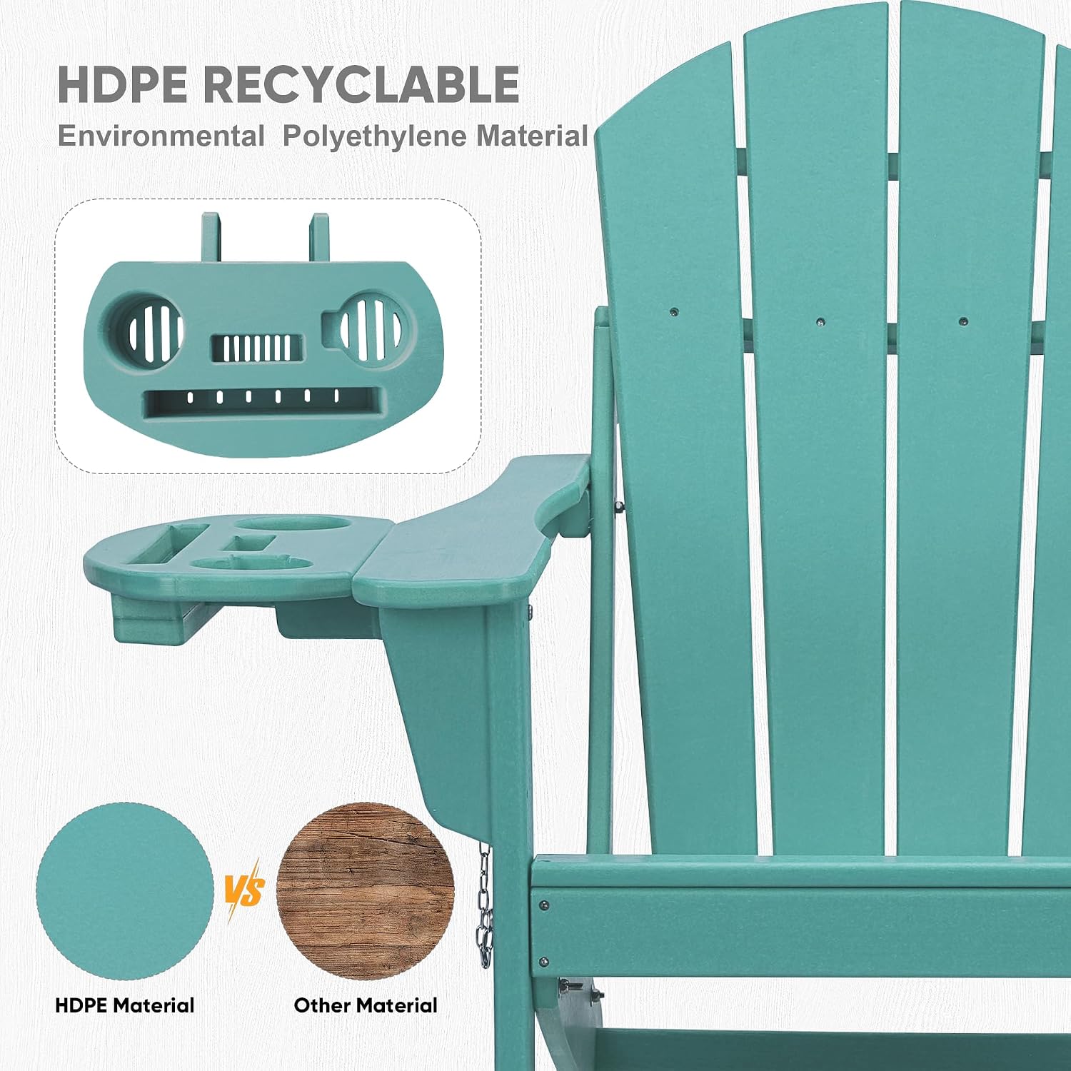 FOOWIN Folding Adirondack Chair, HDPE Adirondack Chairs with Cup Holder, Weather Resistant Plastic Fire Pit Chairs for Outdoor, Patio, Lawn, Garden, Backyard, Deck, Lake Blue