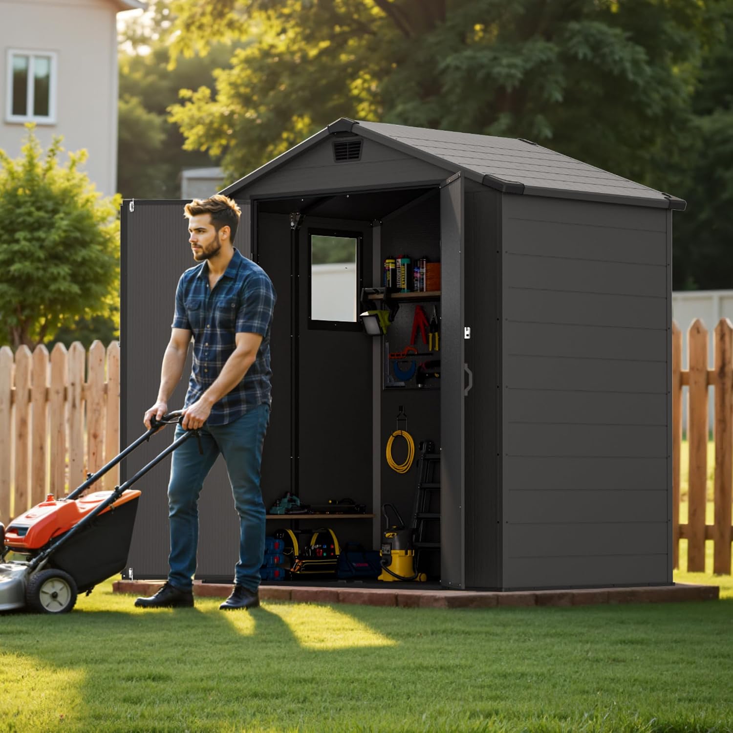 Greesum 6x4FT Plastic Outdoor Storage Shed with Floor, Resin Sheds with Lockable Double Door, Tool Sheds with Vents and Window, for Garden, Backyard, Patio, Dark Gray