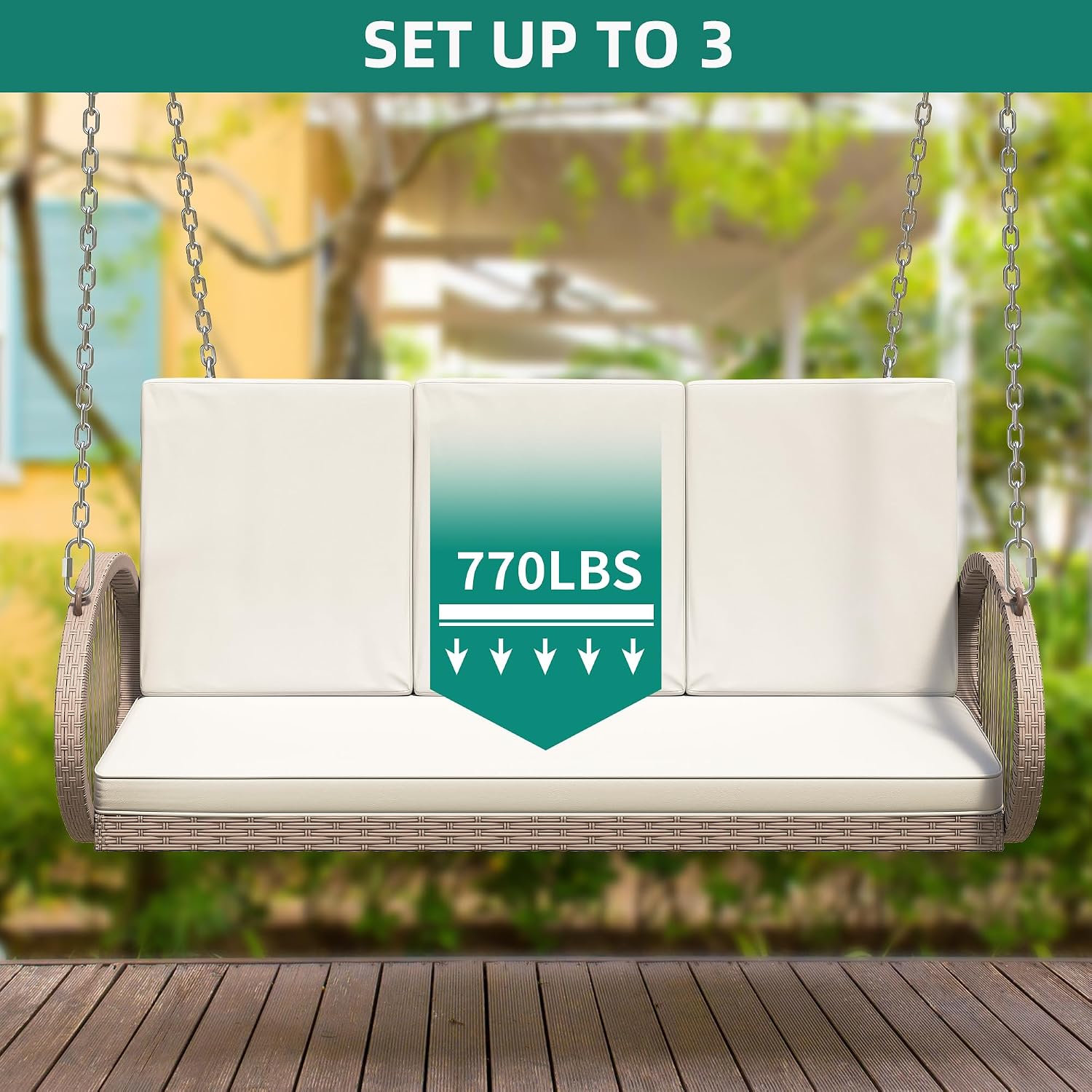 YITAHOME Hanging Porch Swing Chair Sits 3 People, Beige