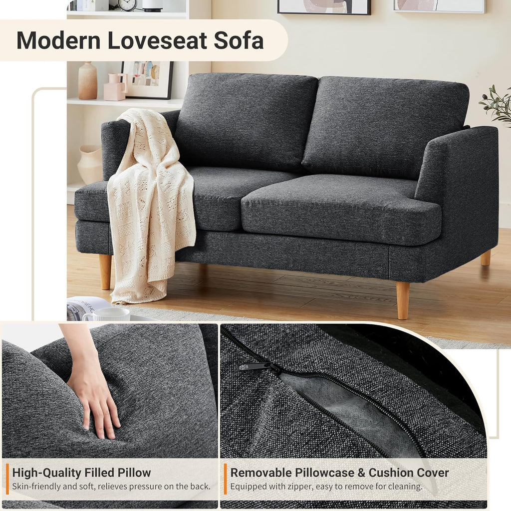 Busaurus Loveseat Sofa 56' Mid Century Modern Small Couches for Small Spaces Love Seat with 2-Seat Upholstered Cushion Sofa Couches for Bedroom, Living Room, Apartment (Dark Grey)