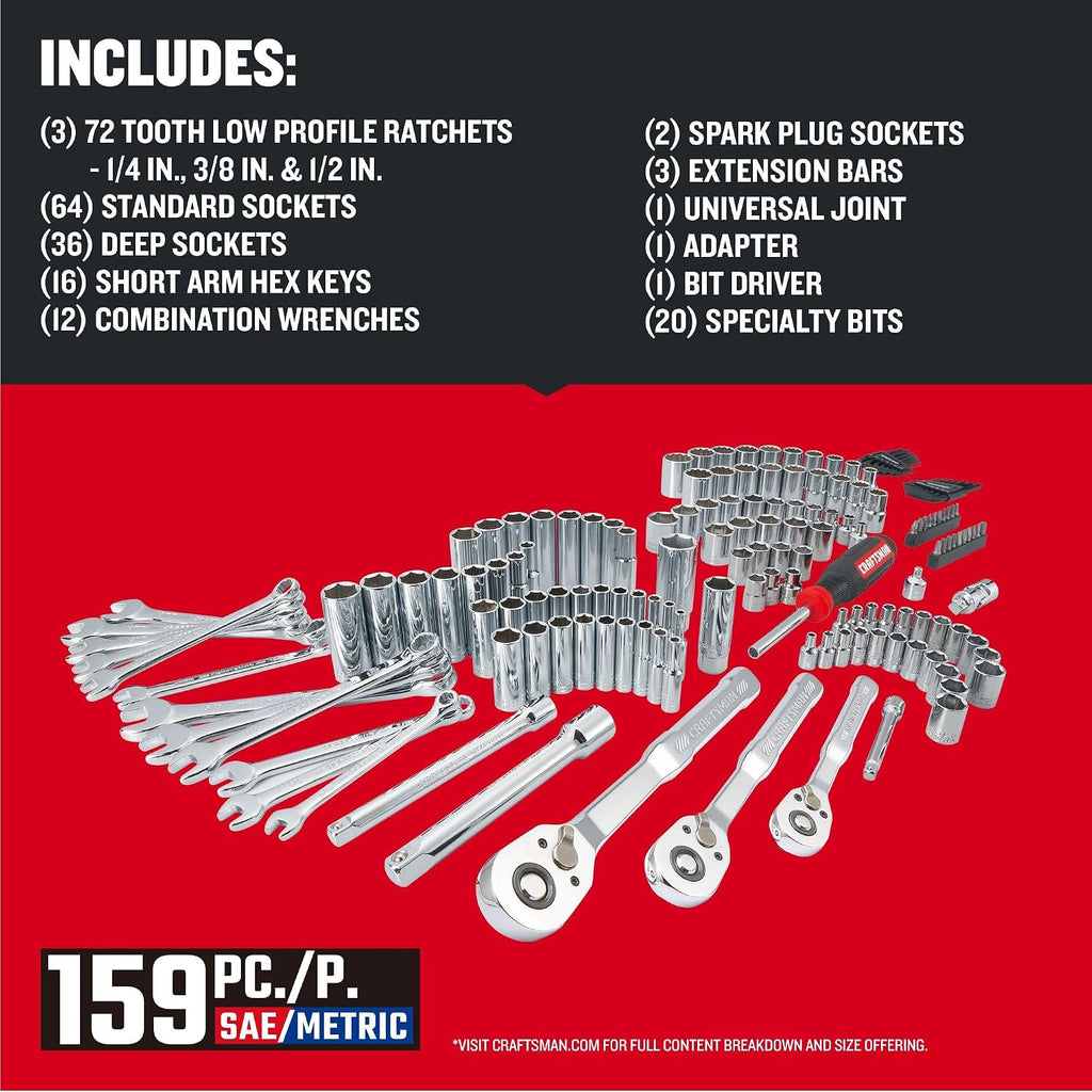 CRAFTSMAN Socket Set, 159 Piece Socket Wrench Set Mechanics Tools 1/4-in., 3/8-in., and 1/2-in(, 6 Point and 12 Point (CMMT12125)