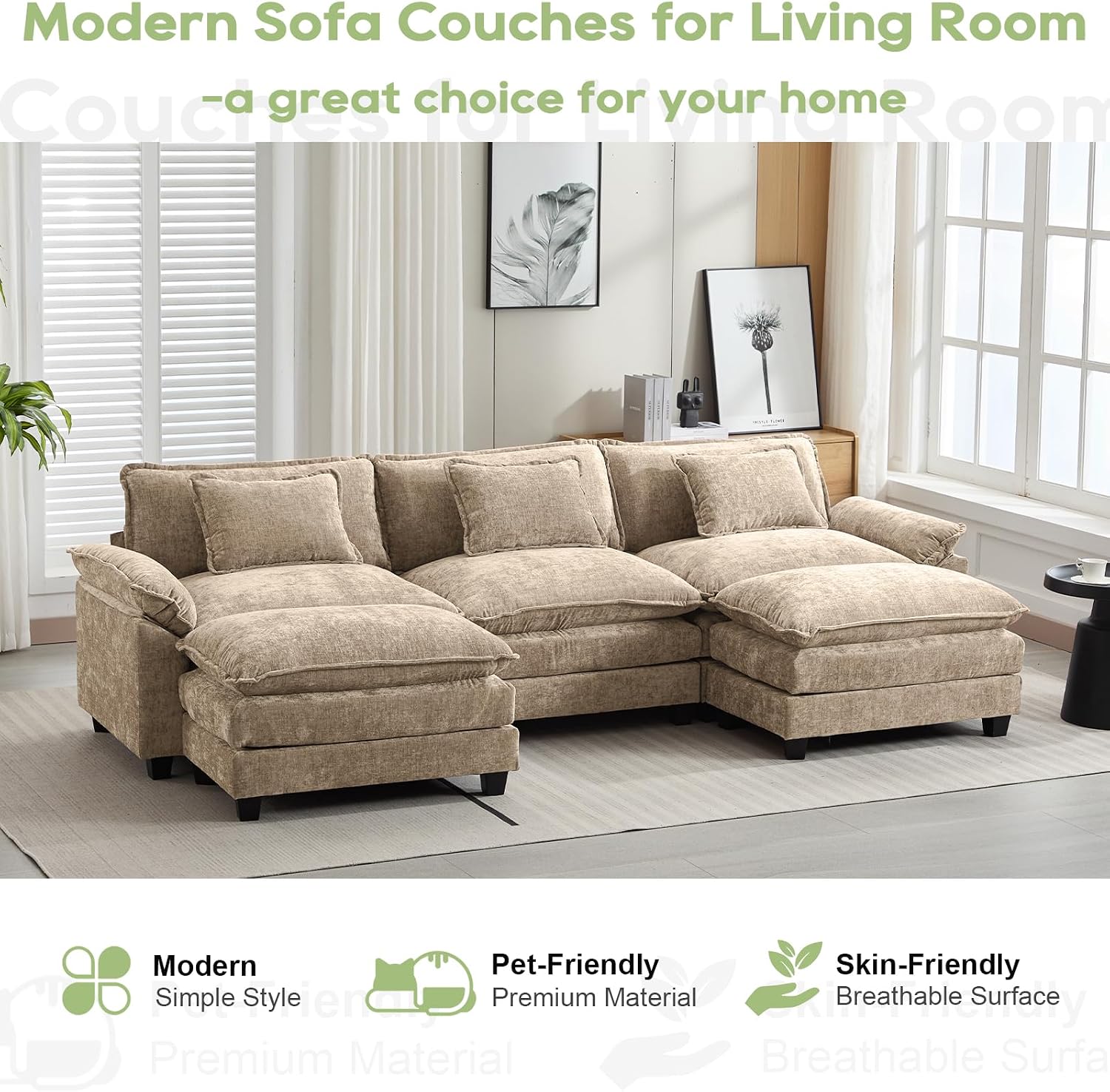 Oprisen 120' Modular Sectional Sofa, Comfy Cloud Couch Sectional Sofa with Ottoman, Chenille Sofa Sleeper Deep Seat Sofa with Throw Pillows for Living Room (Khaki, 120'- U Shape)