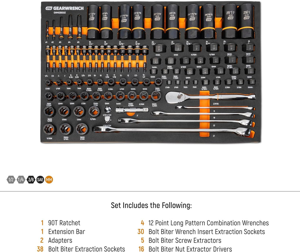 GEARWRENCH 97 Piece 1/4', 3/8', 1/2' Drive Bolt Biter Mechanics Tool Set in Foam Storage Tray - GWMSBBS02