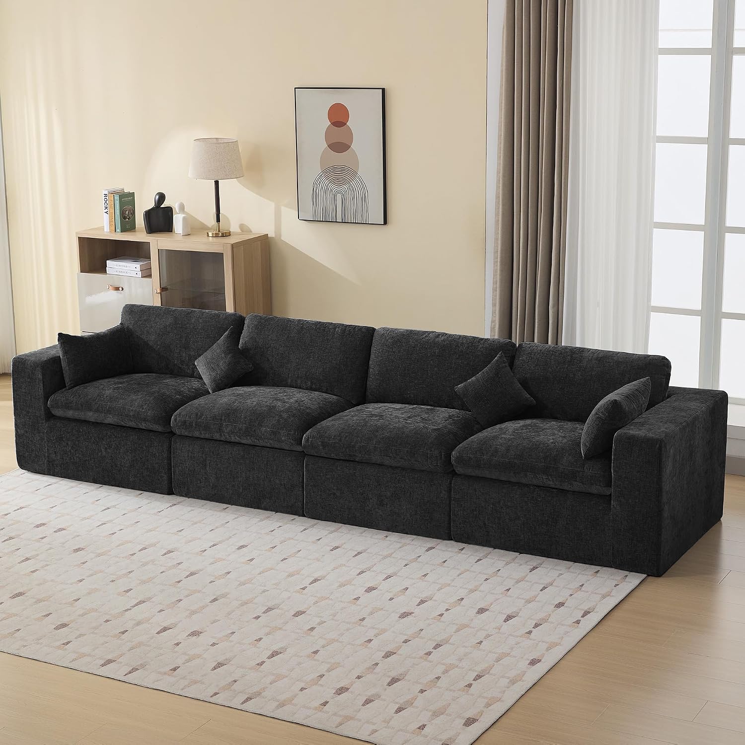 146''Cloud Boneless Sectional Couch, Modular Sectional Sofa Deep Seat, Oversized Upholstered Convertible Comfy 4 Seater Chenille Memory Foam Sofa Couches for Living Room, Dark