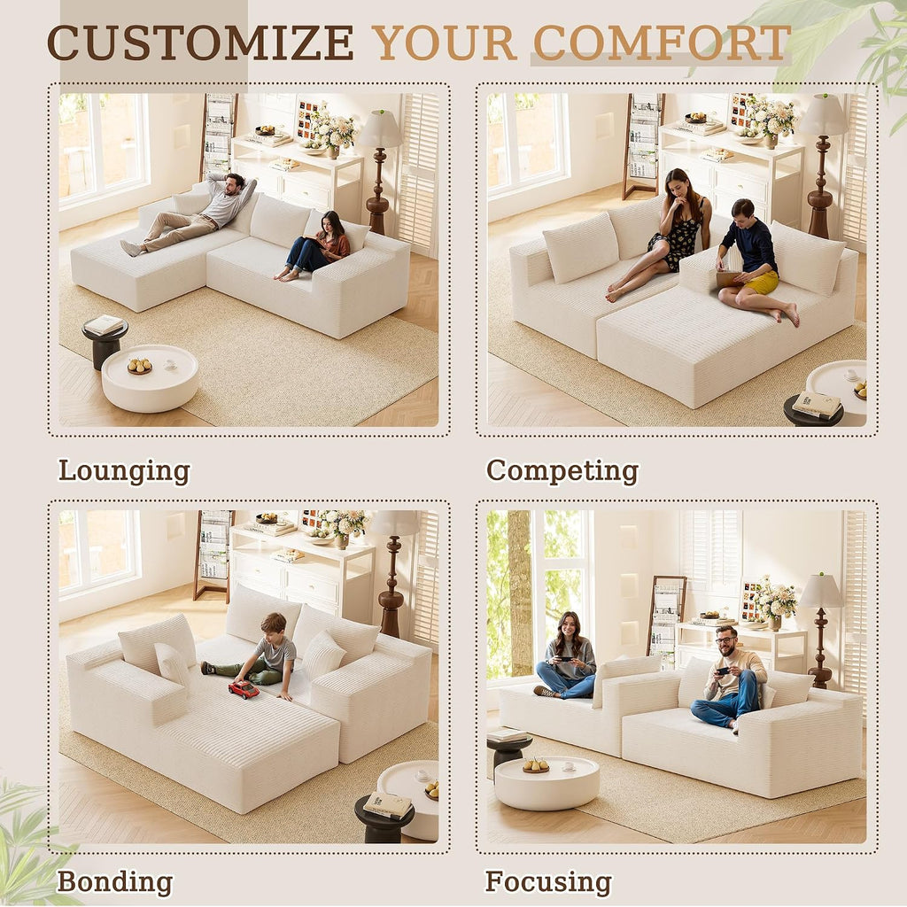 YESHOMY Boneless Couches for Living Room, 108' Sectional Modular Sectional Sofa with Deep Seat, Cloud Comfy Couch with L-Shape Chaise, Easy Assembly (Corduroy, Cream)