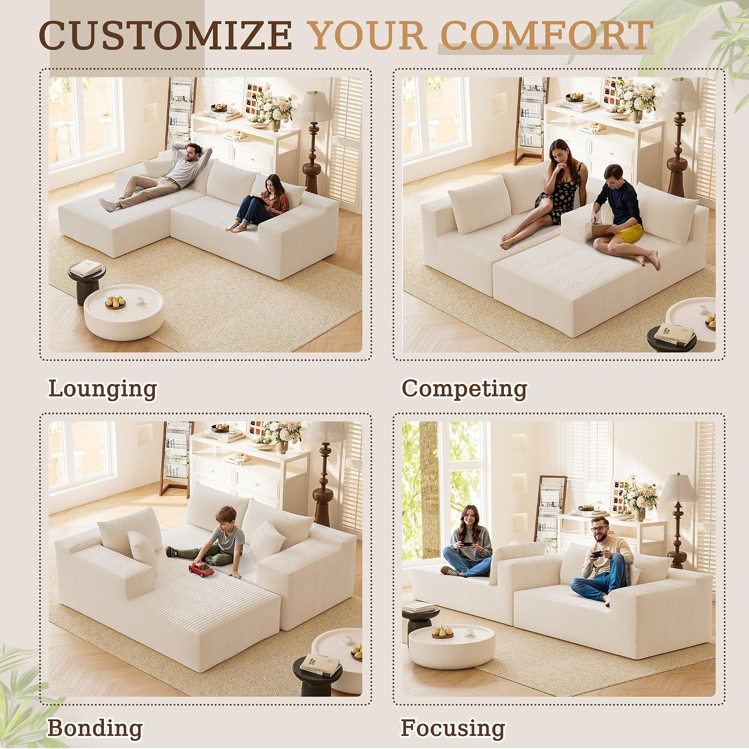 YESHOMY Boneless Couches for Living Room, 108' Sectional Modular Sectional Sofa with Deep Seat, Cloud Comfy Couch with L-Shape Chaise, Easy Assembly (Corduroy, Cream)