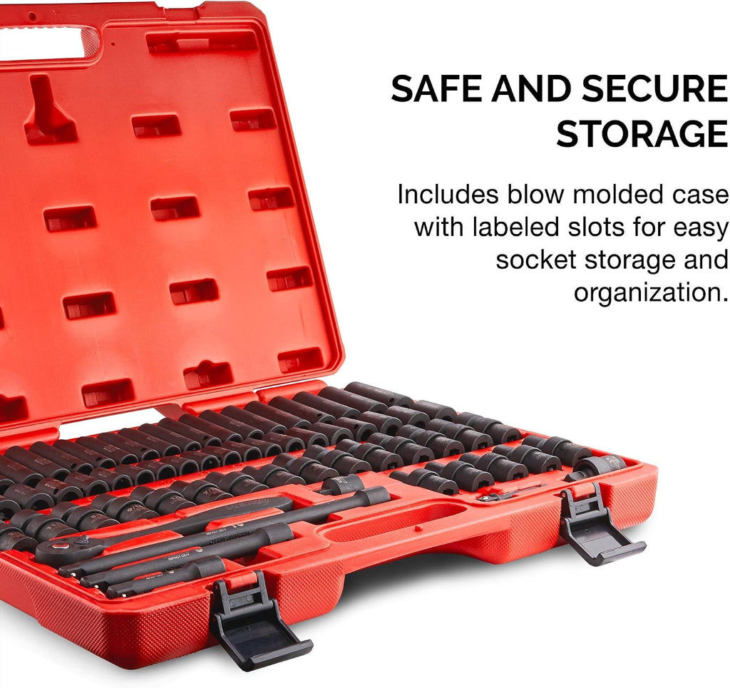NEIKO 02471A Impact Socket Set, 3/8' Drive, 67 Piece, Metric and Standard Master Socket Set with Shallow & Deep Sockets, Ratchet, Swivel Sockets, Extension Bars, Adapters, Cr-V & Cr-Mo