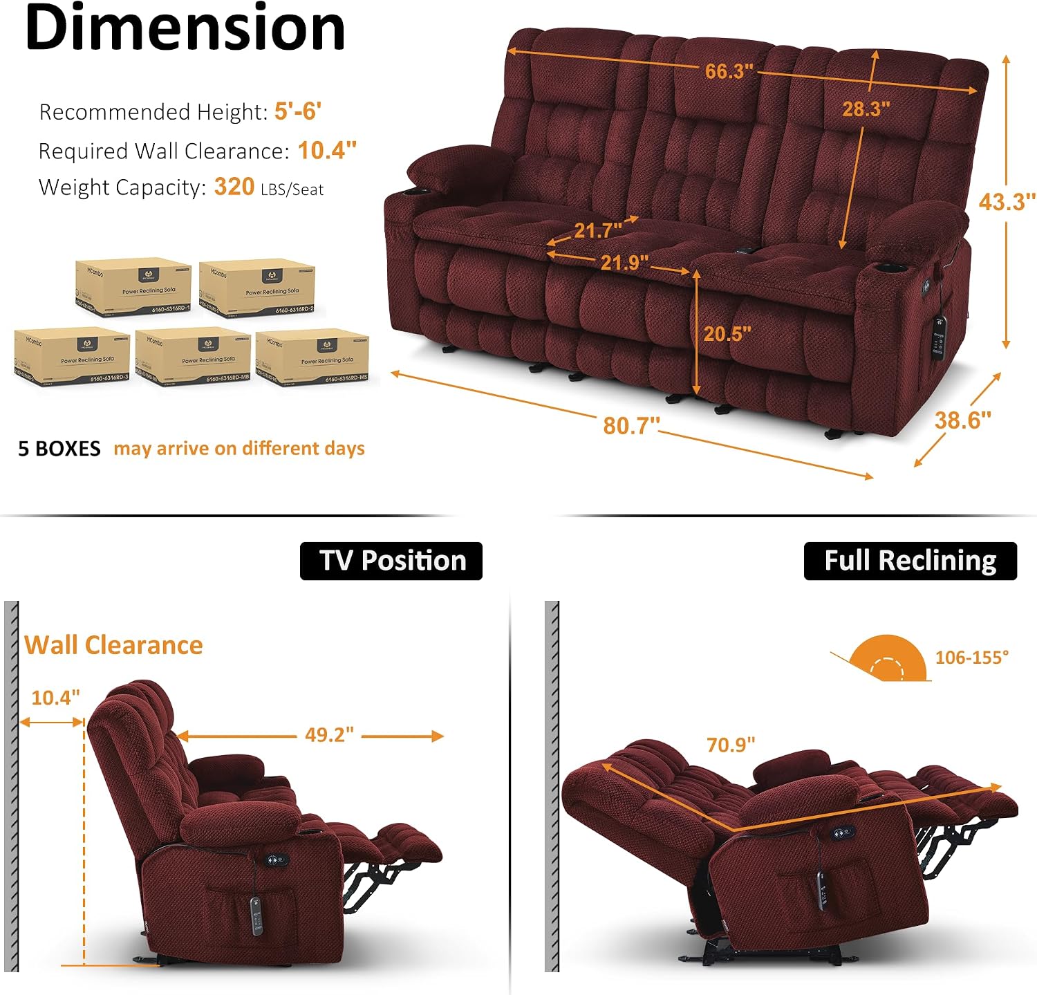 MCombo 80.7' W 3 Seater Power Reclining Sofa with Heat and Vibration Massage, Zero Gravity Recliner Sofa Couch for Living Room, Fabric 6316M3 (Burgundy, 3-Seater)