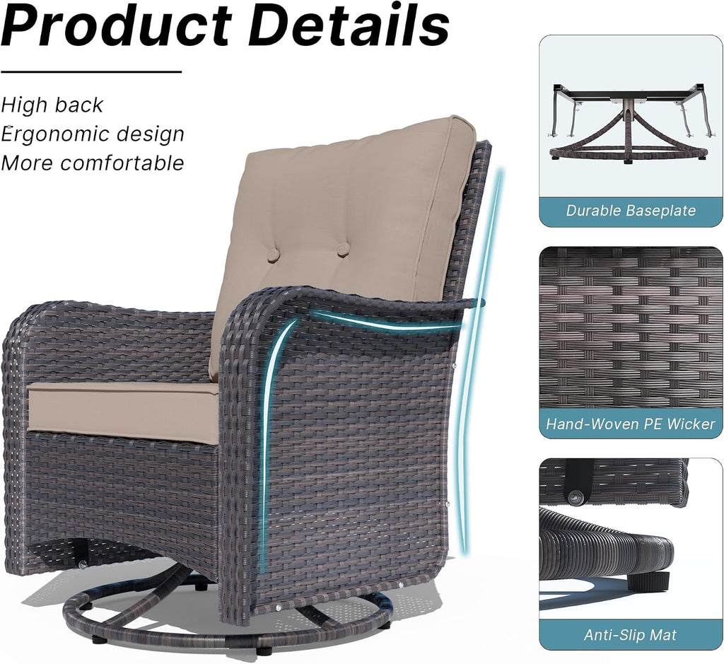 Kurapika 3 Pieces Patio Furniture Set Outdoor Swivel Gliders Rocker, Wicker Patio Bistro Set, Rattan Rocking Chair with Tempered Glass Side Table and Thickened Cushions (Sand)