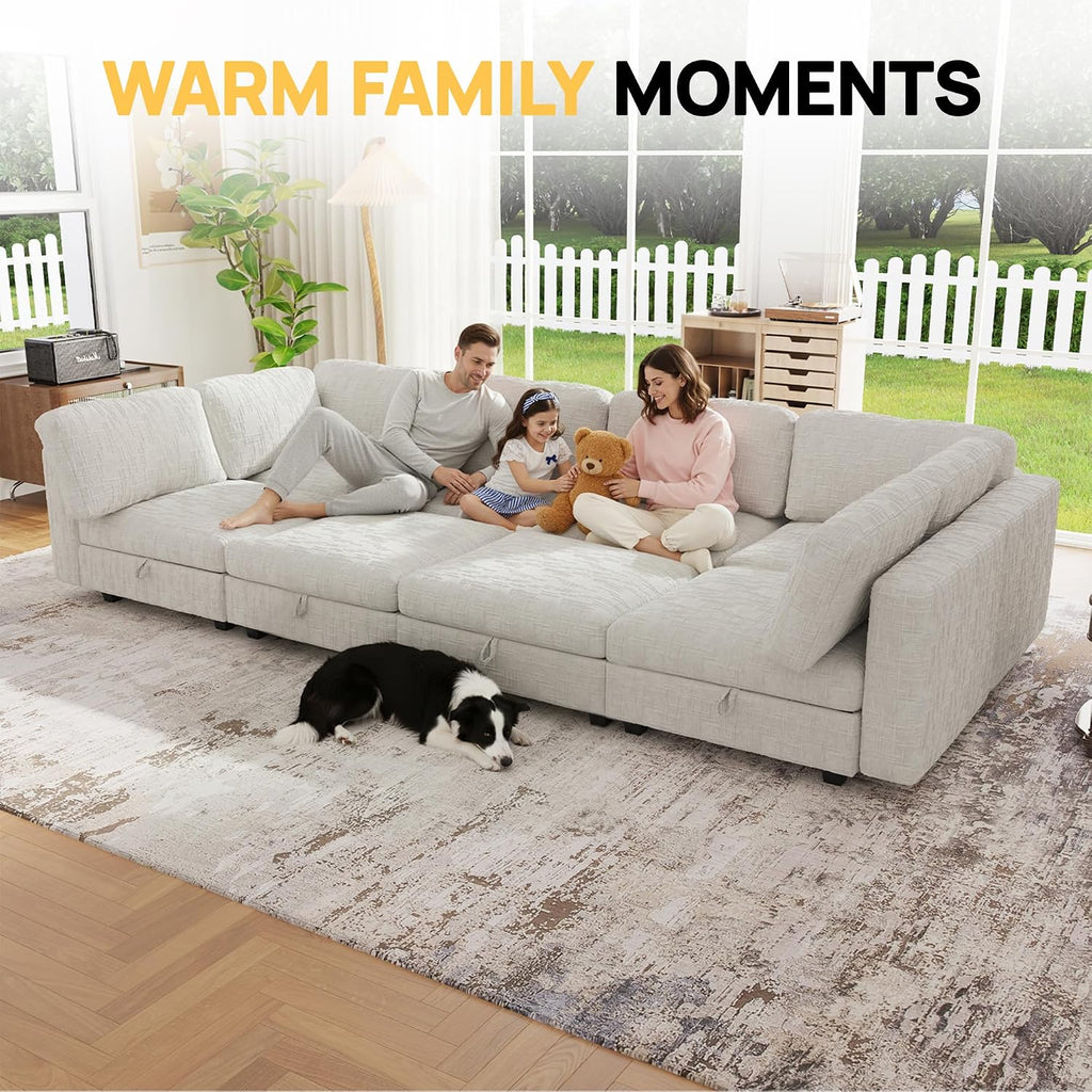 128' Modular Sectional Chenille Sofa bed with Hidden Storage, Comfy Modern 8 Seater Oversized Deep Seat Couch, Modular Sectional with Ottoman and Removable Cover for Living Room, Apartment, Beige