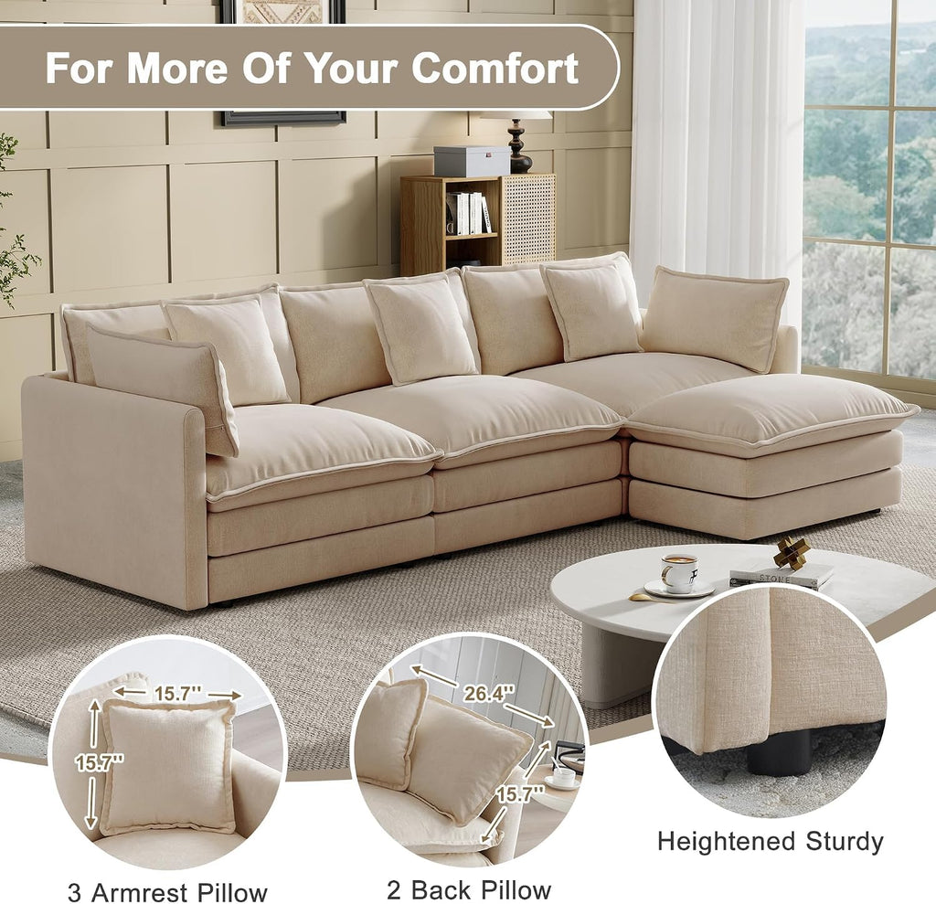 Modular Sectional Sofa, 111.5 Inch L-Shaped Cloud Sofa with Deep Seat Chenille Sofa with Cushions, Three-Self Sectional Sofa for Living Room Apartment,Light Coffee