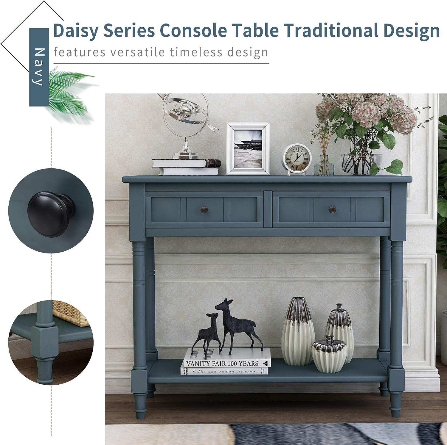 Bellemave Console Table with Drawers, Retro Entryway Table with 2 Drawers and Open Storage Shelf, Narrow Long Sofa Table, Behind Couch Table for Living Room, Foyer and Hallway,Navy
