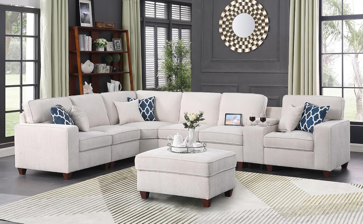 Ball & Cast 127' L-Shaped Sectional Couch with Movable Ottoman&6 Throw Pillow,7 Seat Chenille Upholstered Sofa W/2 Cup Holder,USB Port&Hidden Storage Box,DIY Combination,for Livingroom,Apartment,Beige