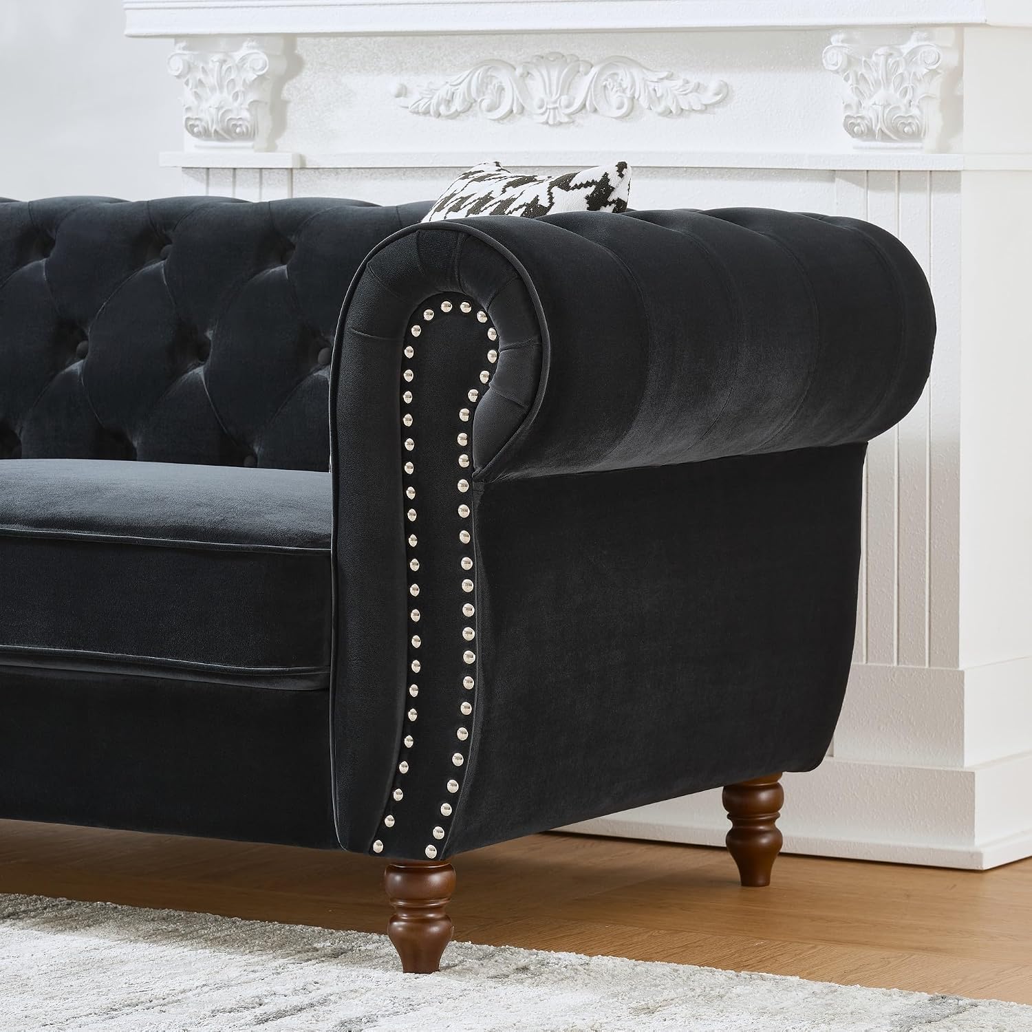 87' Velvet Tufted Sofa for Living Room, Elegant 3 Seater Upholstered Chesterfield Couch with Nailhead Rolled Arms and 2 Pillows for Home Office, Apartment, Studio, Black