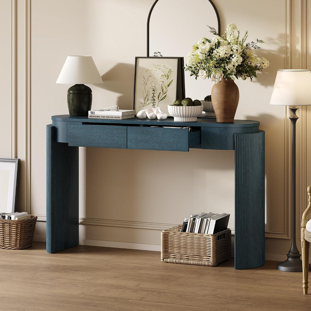 LKTART 55' Sofa Table with Oval Top and 2 Drawers, Entryway Console Table with Fluted Design for Hallway,Foyer,Entry and Living Room (Easy Assembled-Navy)