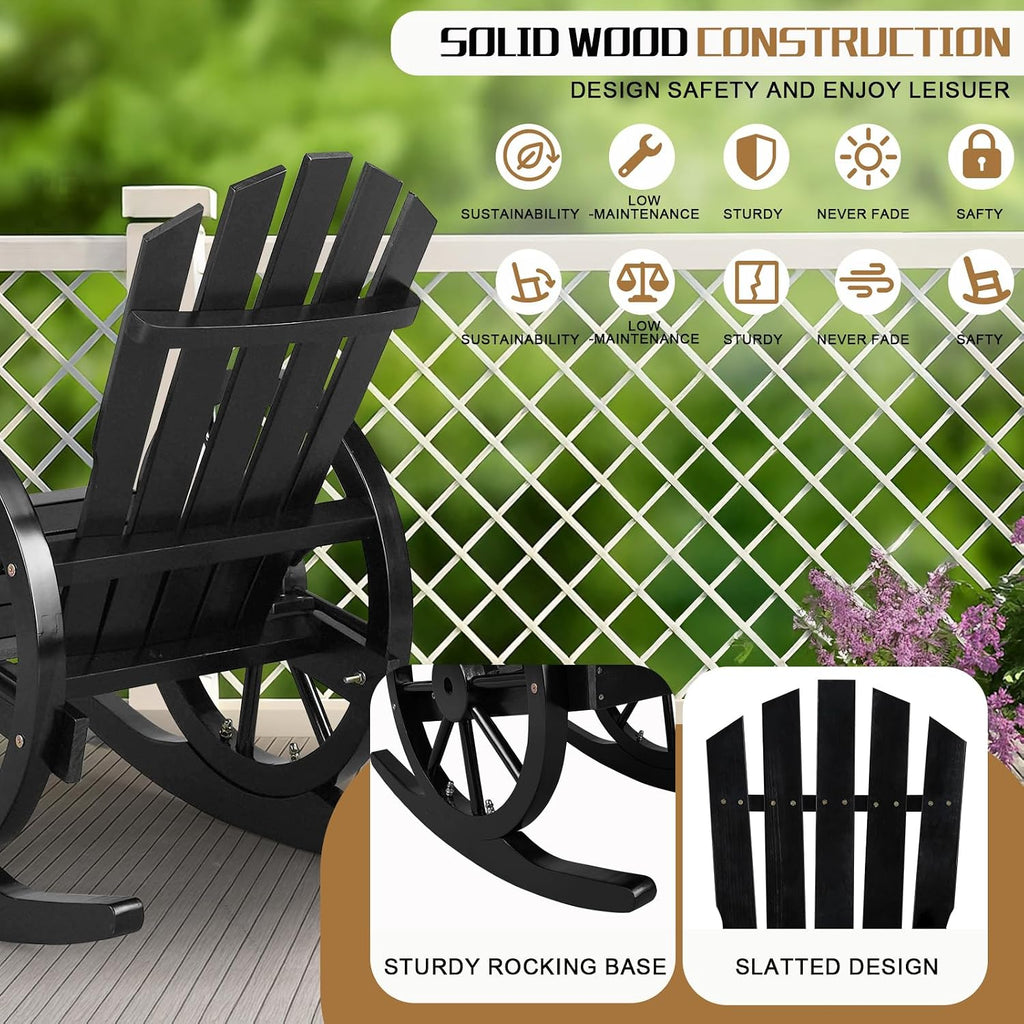 Outvita Adirondack Rocking Chair Set of 2, Wood Wagon Rocker, Outdoor Wooden Carbonized Lounge Chairs with Wheel Armrest for Garden Patio Country Porch(Black