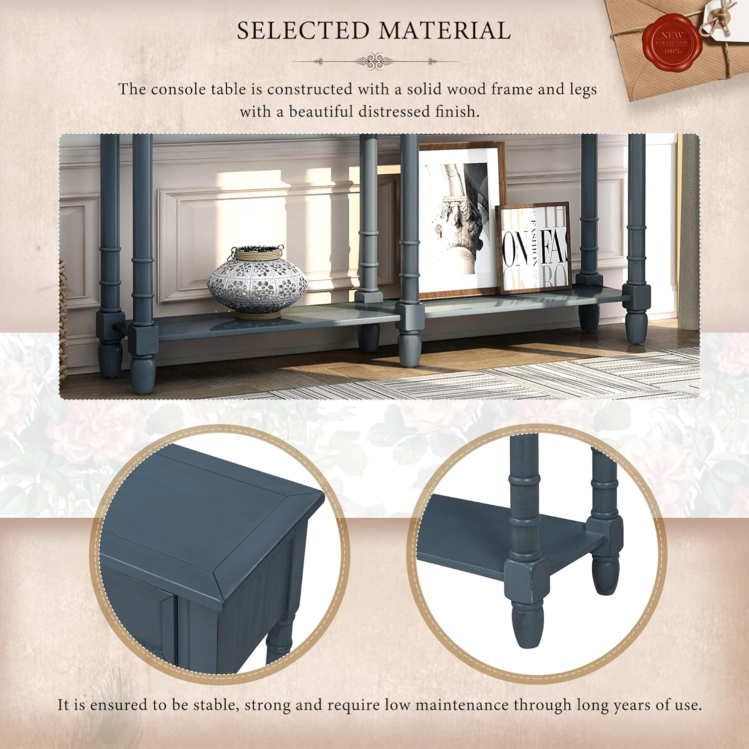 Merax Console Table Sofa Table with Two Storage Drawers and Bottom Shelf for Living Room, Entryway, Easy Assembly (Antique Navy)