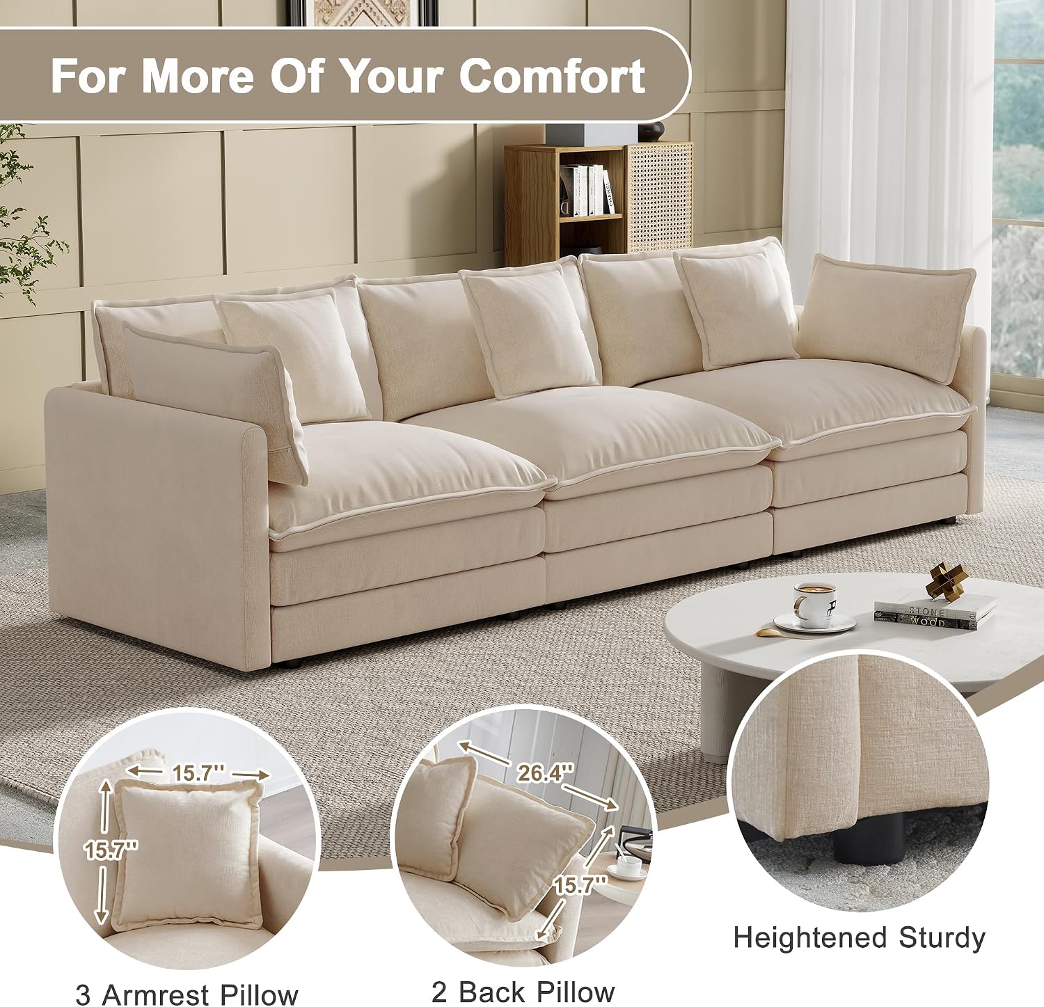 Modular Sectional Sofa, 111.5 Inch I-Shaped Cloud Sofa with Deep Seat Chenille Sofa with Cushions, Three-Self Sectional Sofa for Living Room Apartment,Light Coffee