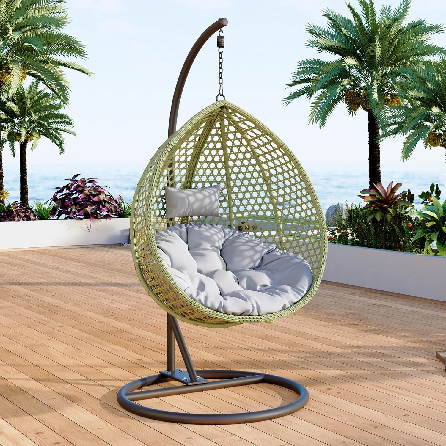 Egg Swing Chair Outdoor with Stand, Hanging Egg Rattan Basket Chair with Cushion and Pillow, Swinging Egg Chair, Foldable Basket and Metal Stand for Porch, Patio, Bedroom, Balcony,Yard (Green)