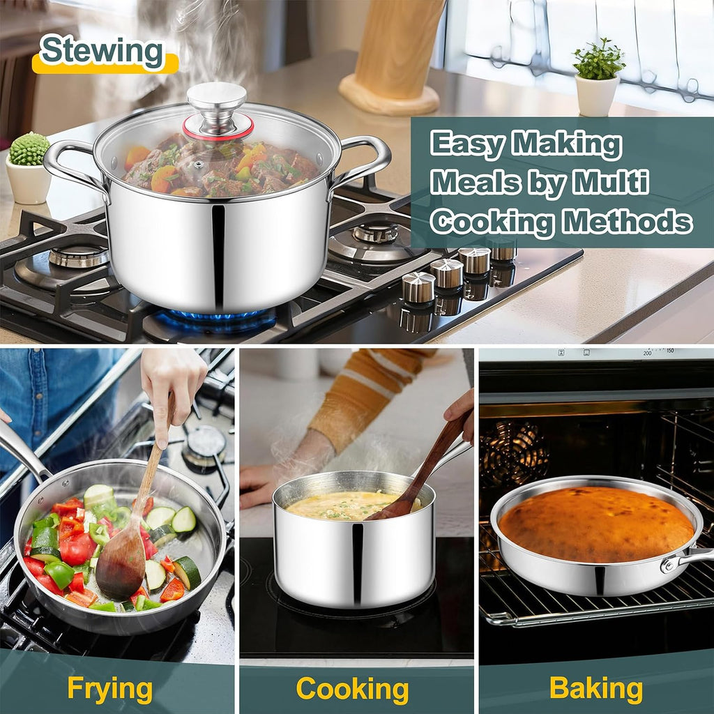 P&P CHEF 3-Ply Stainless Steel Cookware Set of 6, 10-Pieces Pots and Pans Sets Stainless Steel for Kitchen, Induction Multi Cooktops & Oven, Dishwasher Safe, Frying Pans, Saucepans, Saute Pan & Pot