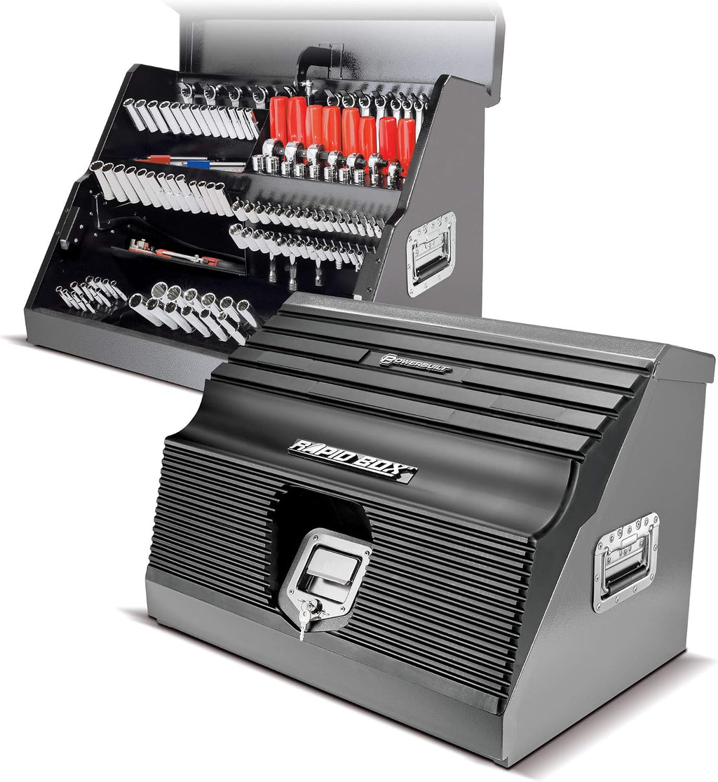 Powerbuilt 26 Inch Portable Slant Front Rapid Toolbox Tiered Stairstep Tool Holders, 16 Gauge Steel, Chrome Hardware, Weather-Resistant Lockable Polymer Lid, Grey, 240111