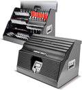 Powerbuilt 26 Inch Portable Slant Front Rapid Toolbox Tiered Stairstep Tool Holders, 16 Gauge Steel, Chrome Hardware, Weather-Resistant Lockable Polymer Lid, Grey, 240111