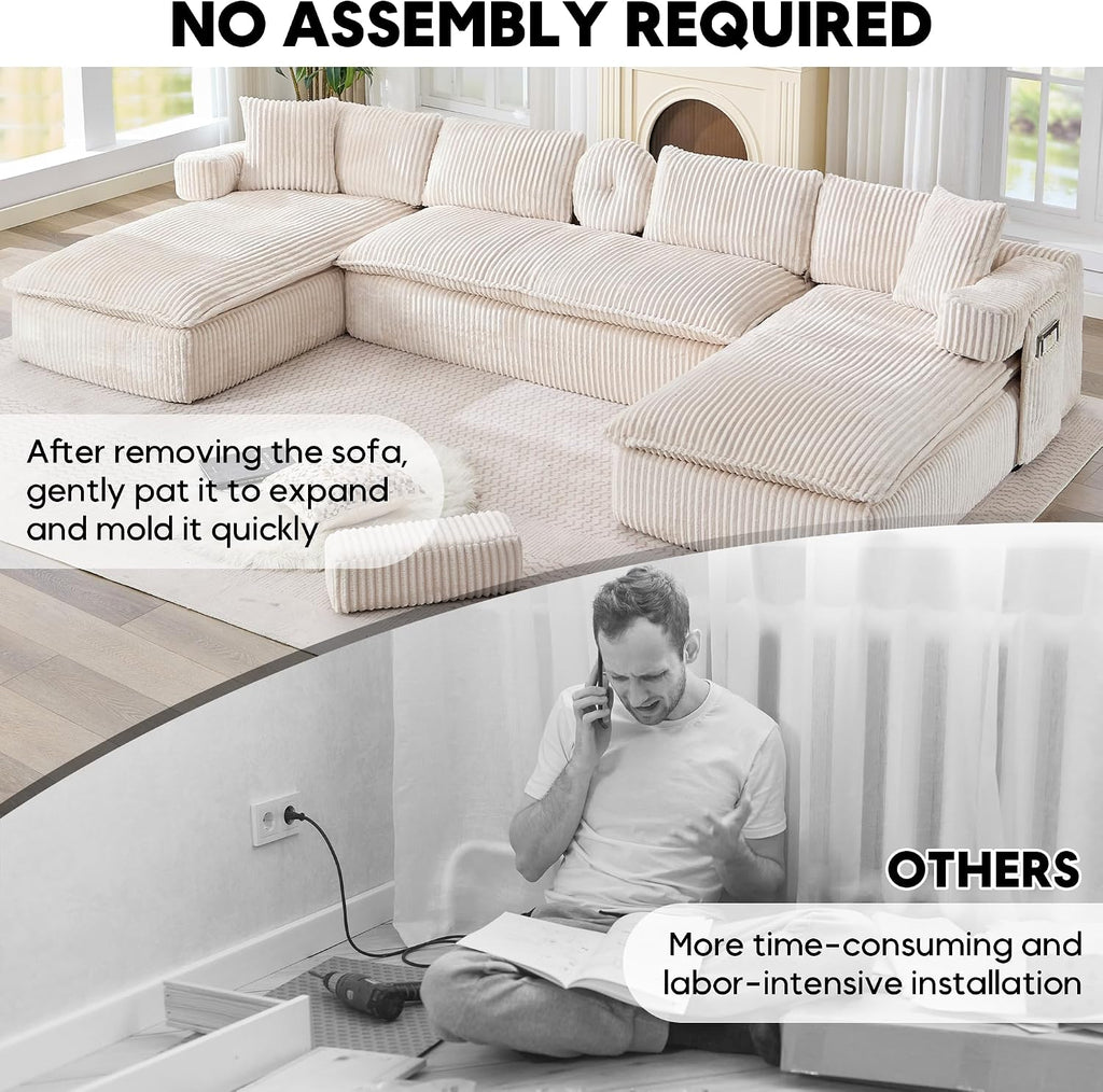 Oversized Cloud Boneless Couch with Chaise, 149' Modern U Shape Modular Deep Seat Sectional Sofa, Comfy Corduroy Upholstered Couches for Living Room, No Assembly Required, Beige White