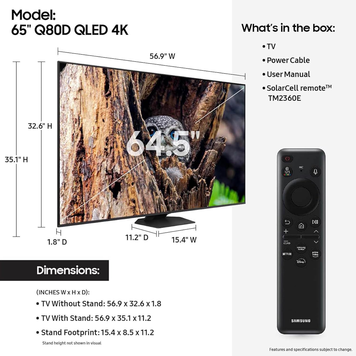 Samsung 65-Inch Class QLED 4K Q80D Series Quantum HDR+ Smart TV w/Dolby Atmos, Object Tracking Sound Lite, Direct Full Array, Motion Xcelerator, Alexa Built-in (QN65Q80D, 2024 Model)
