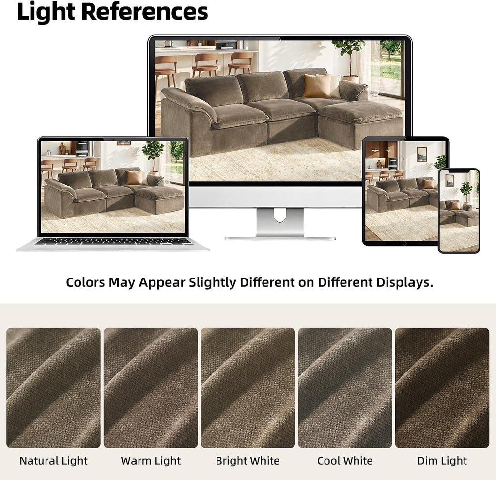 HALLYBEE 112' Cloud Couch Sectional with Padded Armrests & Moveable Ottoman Boneless Sectional Couches for Living Room Brown Couch, No Assembly Required