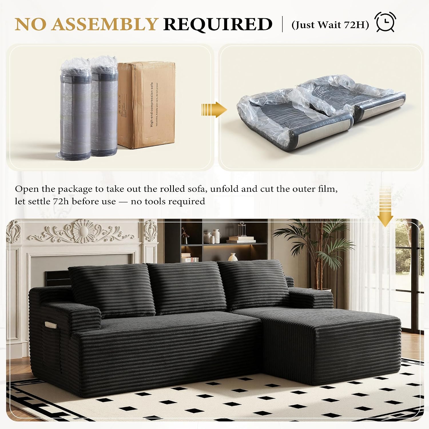 Sectional Couches for Living Room Cloud Couch Sofa with L-Shape Upholstered Boneless Couchs Modern Modular Sectional Couch with Chaise (Black, 96' W+Right Facing Chaise+2Seaters)