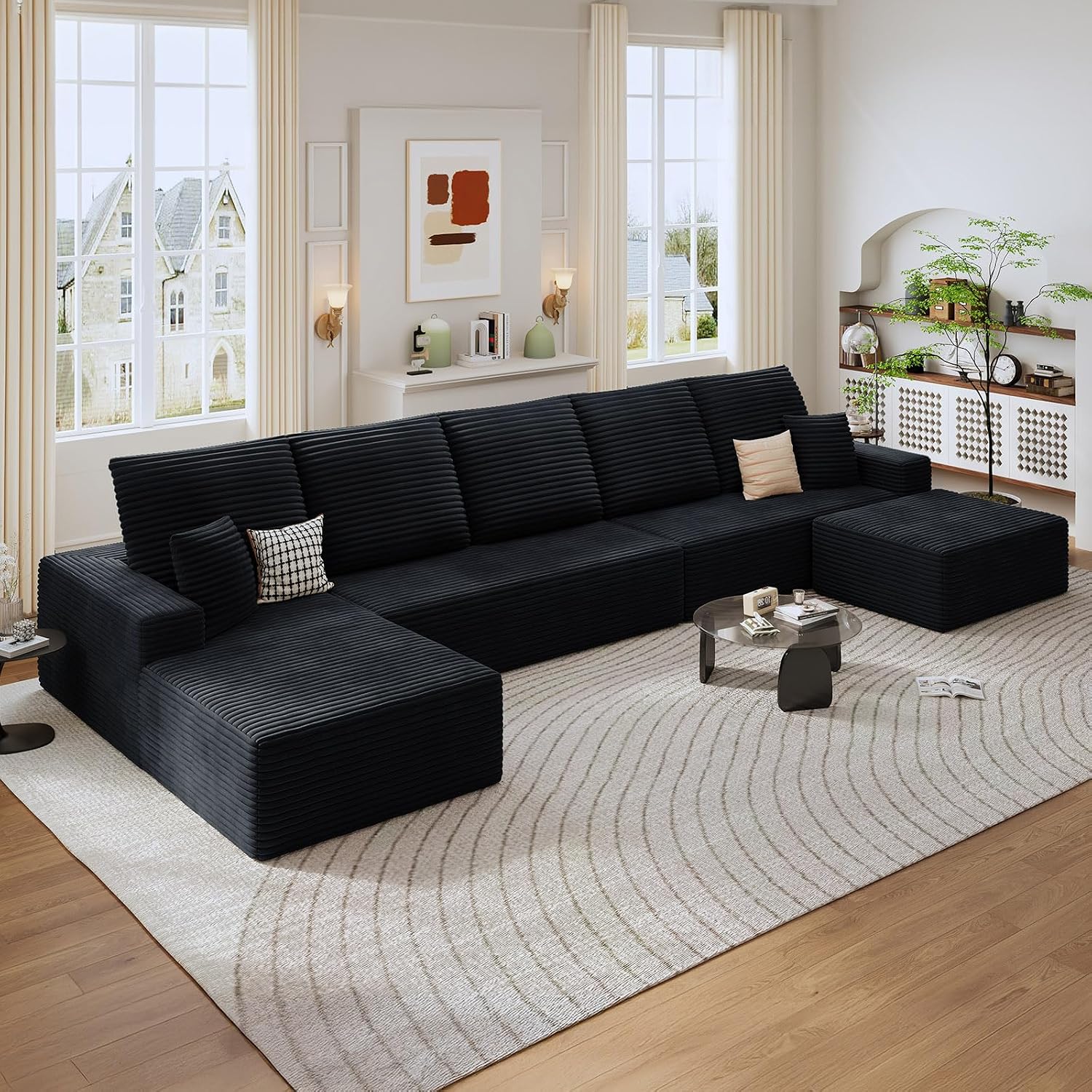 166.9' Cloud Sectional Couch with U-Shaped Chaise, Corduroy Sectional Sofa with Ottoman, Boneless Couch with Deep Seat in a Box for Living Room, No Assembly Required (Black, Left Facing Chaise)