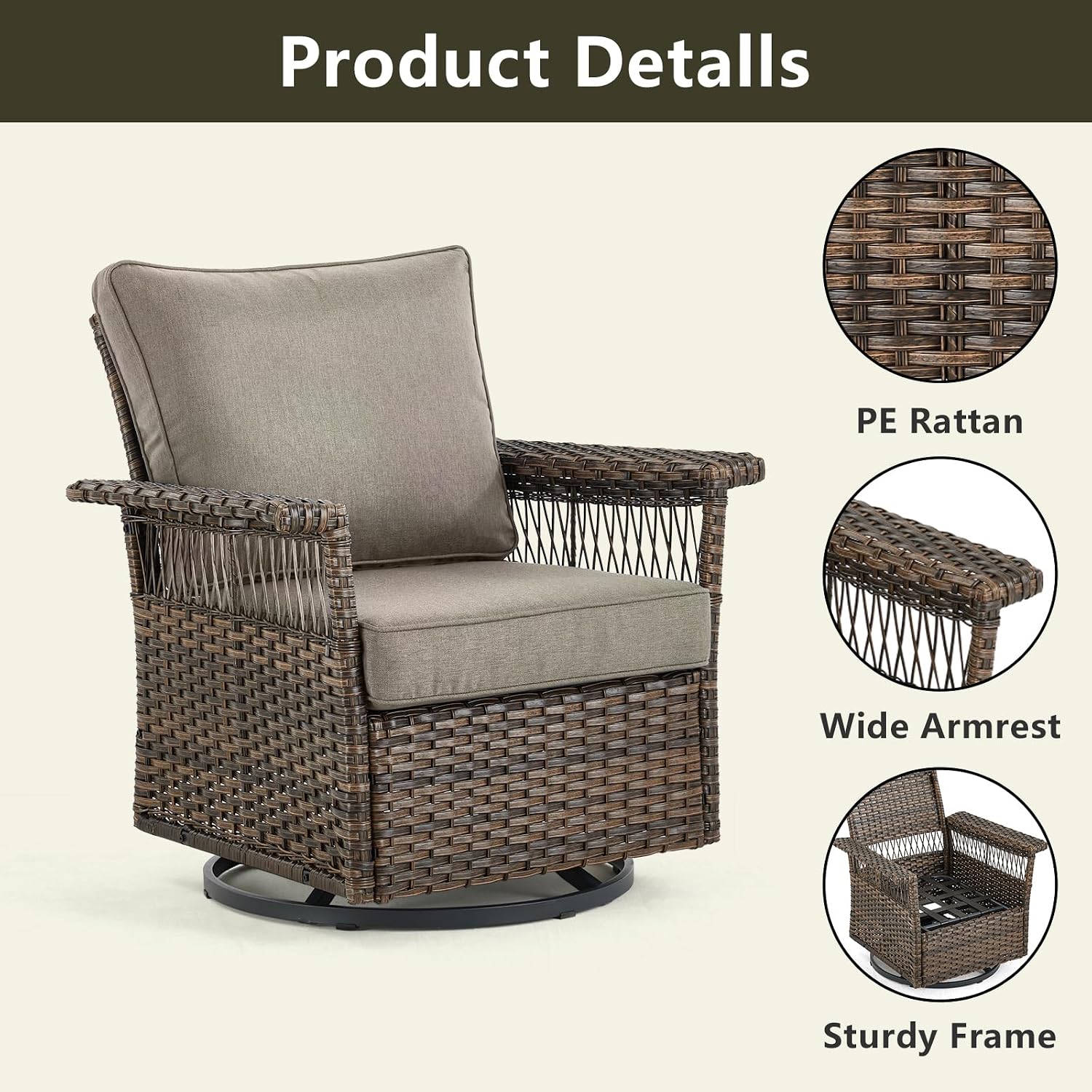 Outdoor Patio Rocking Swivel Chairs - 2PC Wicker Patio Furniture Rocker Chair Set,Rattan Glider Chair with Sturdy Frame,All-Weather PE Wicker and Cushions for Deck Porch Balcony(Brown/Grey)