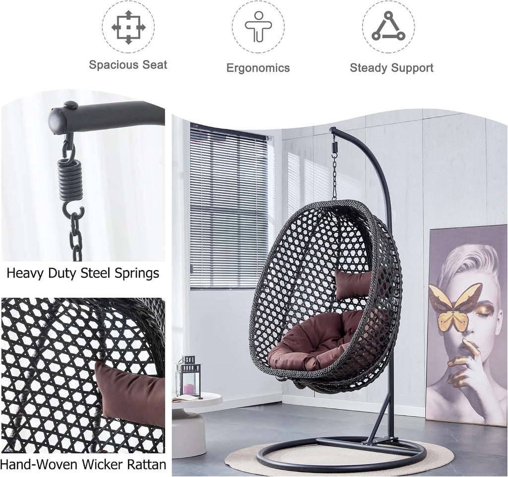 Egg Chair Indoor Outdoor, Hanging Chair for Bedroom, Swing Chair Hammock with Stand & Cushions, Comfy Swinging Chair Adult Reading Chair for Patio Balcony Backyard, Heavy Duty 350LBS, Black
