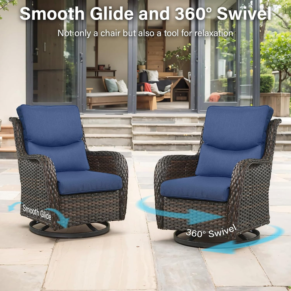 Swivel Patio Chairs Set of 2 with 5' Thick Cushion - Wicker Outdoor Swivel Rocker Patio Chairs, High Back Comfortable Outdoor Glider Chair for Balcony, Porch, Deck, Poolside - Brown/Blue
