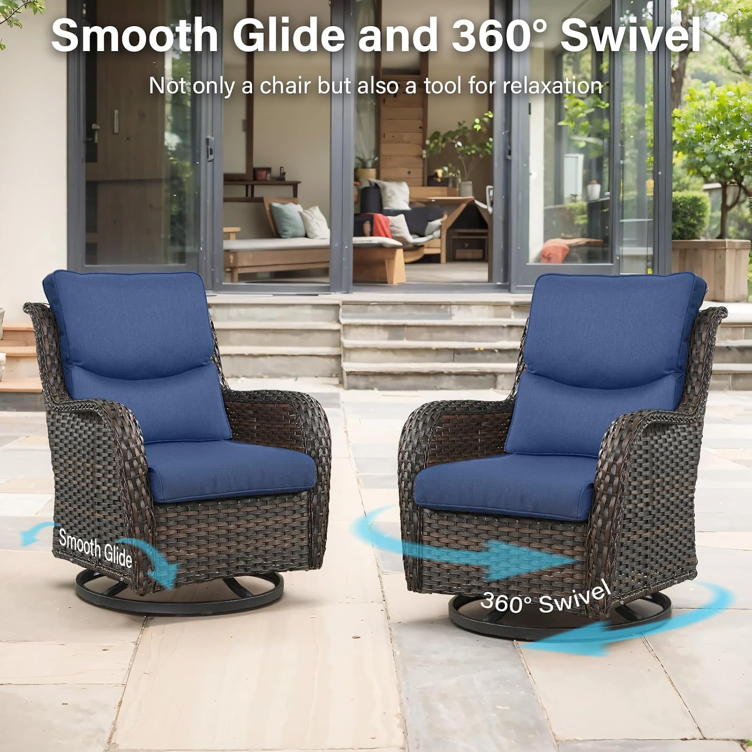 Outdoor Swivel Rocker Patio Chairs Set of 4-5' Thick Cushion 4 Piece Furniture Set All Weather Comfortable Wicker Conversation Set for Porch Poolside and Deck - Brown/Blue