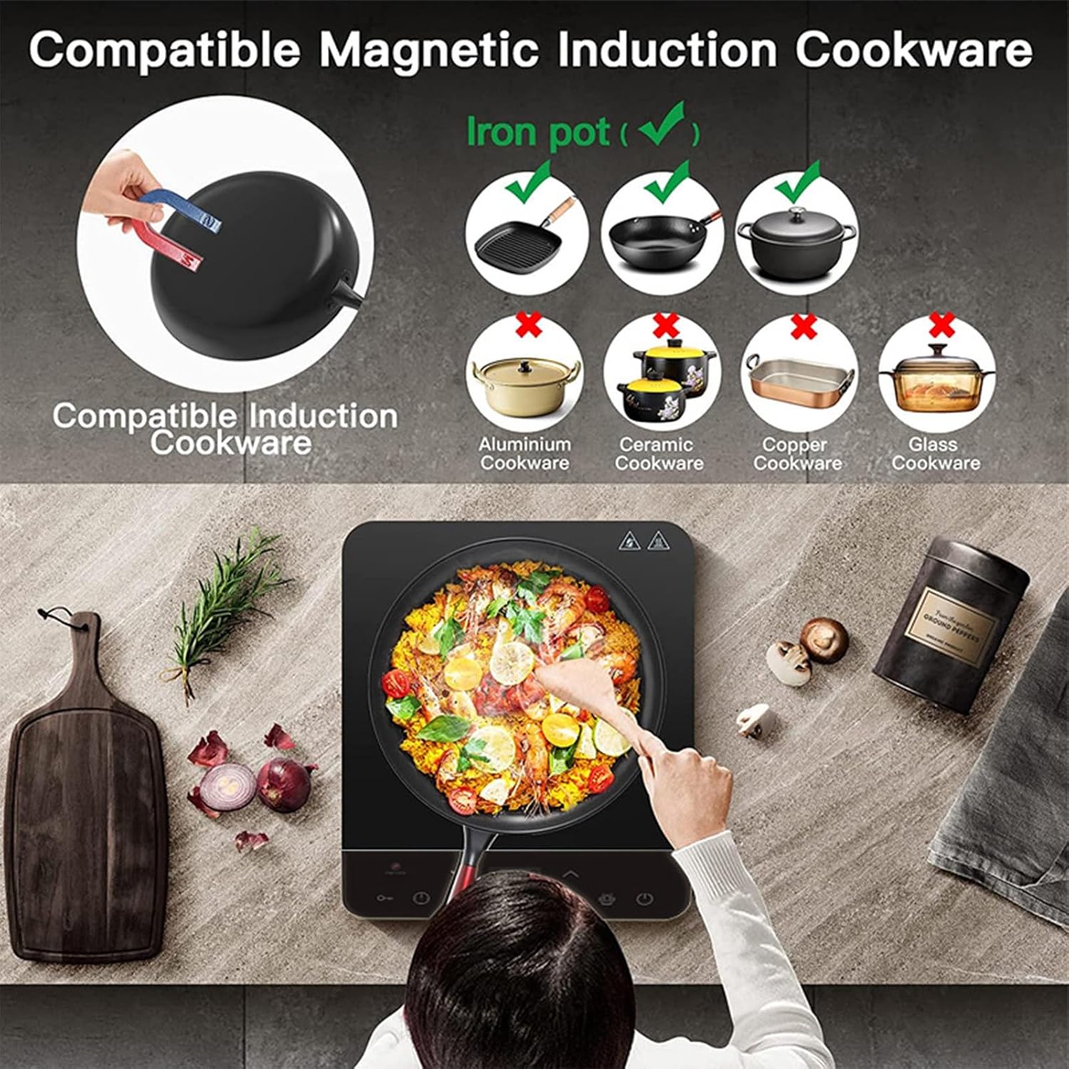 1800W High Power Induction Cooktop 9-Speed Safety Lock Intelligent Touch Control Heating Plate 3H Timer Portable Induction Cooktop