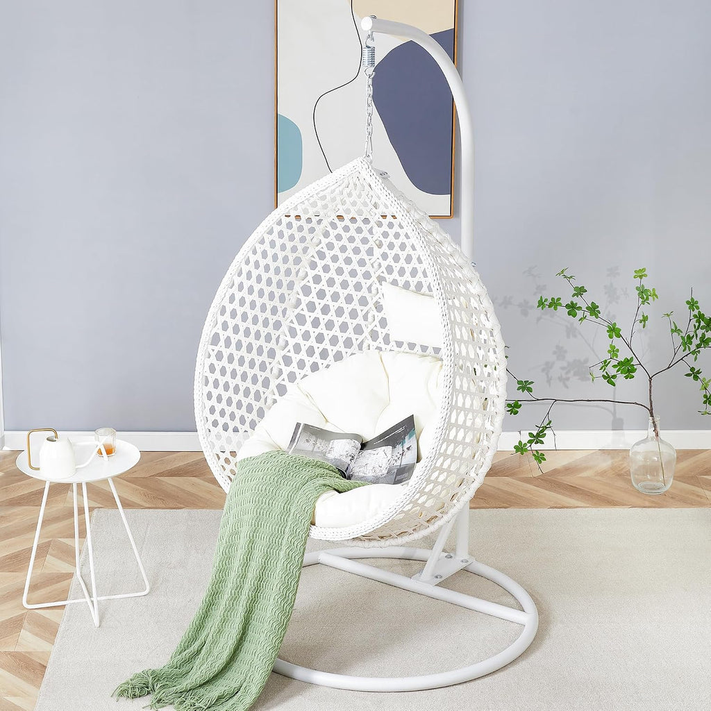 Egg Chair Indoor Outdoor, Hanging Chair for Bedroom, Swing Chair Hammock with Stand & Cushions, Comfy Swinging Adult Reading for Patio Balcony Backyard, Heavy Duty 350LBS, White