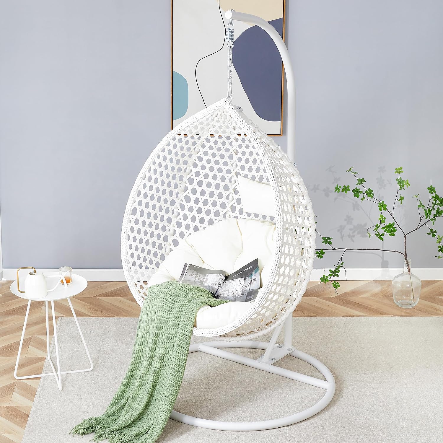 Egg Chair Indoor Outdoor, Hanging Chair for Bedroom, Swing Chair Hammock with Stand & Cushions, Comfy Swinging Adult Reading for Patio Balcony Backyard, Heavy Duty 350LBS, White