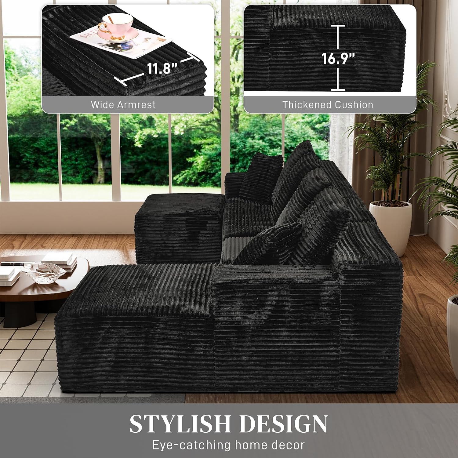 108' Boneless Couches for Living Room, U Shaped Comfy Cloud Modular Sectional Memory Foam Deep Seat Boneless Couch, No Assembly Required Sofa for Living Room with Right Facing Chaise & Ottoman, Black