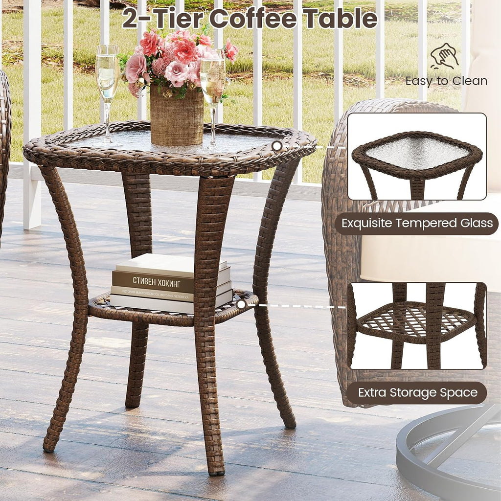 ORALNER 3 Pieces Wicker 360° Swivel Rocker Set Patio Furniture, Rocking Chairs with Cushions, Tempered Glass Coffee Table, Outdoor Rattan Bistro Set for Balcony Front Porch Deck Poolside (White)