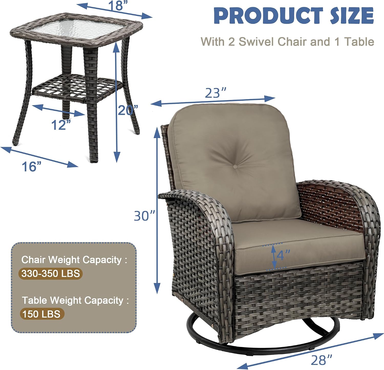 3-Piece Swivel Rocker Wicker Chair Set of 2 ，360-Degree Rocking Chairs Outdoor with Cushions，Glass Table for Garden,Backyard, Bistro.Brown